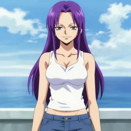 style of madhouse studio anime, rei hiroe black lagoon manga, loish, artgerm, joshua middleton comic art, portrait of revy from black lagoon, purple hair, chinese, symmetrical eyes and symmetrical face, jean shorts, white tank top, waist up, sarcastic evil smirk on face, natural lighting, sky and ocean background
