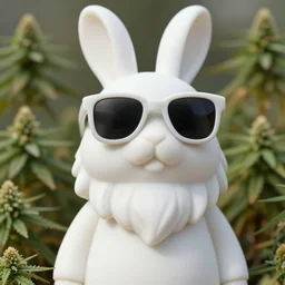 rabbit groot as marble statue, big sunglasses, white beard, in marijuanas gardens, soft surface texture, very realistic 3 d render, soft sun lights, 4 k, high detailed photography result, 5 0 mm lens, rich deep colors, smooth gradients, depth of field, cinematic, hyper realism, high detail, octane render, unreal engine, 8 k, vibrant colors