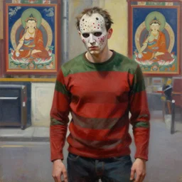 a vigorous and limber oil painting of a simple, conversational, cyberpunk, deeply and exquisite freddy krueger in london, by tim white. tibetan paintings. photorealistic. trending on artstation.