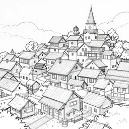a fantasy village, line drawing, no - shadow, black and white, by makoto shinkai takashi takeuchi studio ghibli, akihiko yoshida