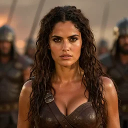 epic photo of muscular salma hayek as beautiful barbarian warrior princess in a battle scene, sweaty, detailed eyes, neutral expression, shallow depth of field, photorealistic, cinematic lighting, lovely bokeh, warm colours, dusk, movie quality, conan the destroyer 1 9 8 5