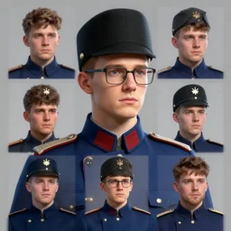 hearts of iron 4 colored leader portrait of a young man with black square haircut that goes down with square glasses, ww 2 blue train conductor uniform, democratic, trending on artstation, highly detailed, character portrait, ylva ljungqvist, custom portraits, paradox interactive