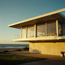architecture ad for a mid-century modern house by the beach, designed by Mies Van Der Rohe. Film grain, cinematic, colorized, yellow hue