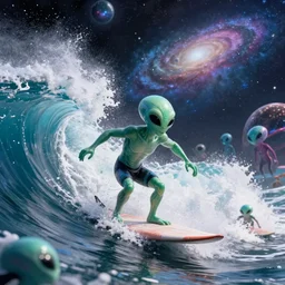 photo of a alien surfing a surfboard on a crashing l wave of alien ocean in space, background is an alien galaxy, aliens in the background, alien colors, octane render, unreal engine, wide view, 8 k, high detaild