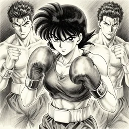 original baki anime angry female boxer ippo boxing. pencil and ink by artgerm, cushart krenz, greg rutkowski and alphonse mucha. dramatic lighting
