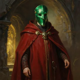 greg manchess oil matte painting, portrait of mage in rad mantle and full emerald priest!! mask, enigmatic, powerful, medieval, fantasy, wonderful masterpiece highly detailed, dark fantasy, beautiful cinematic light deep focus, elegant, digital painting, smooth, sharp focus, golden ratio, dramatic illumination, small cabin, ultra realistic, 4 k, art by greg rutkowski wlop rossdraws