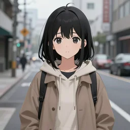 black haired girl wearing hoodie, city, anime, by yumei