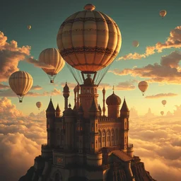 hot air balloon city, castle in the clouds ( art deco cyberpunk )
