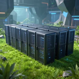 abstract data center server, volumetric, concept art, grass, cinematic view, trending on artstation, huge scene, vivid, by jordan grimmer, business technology, detailed, high detail, beautiful, hi tech digital interior, blured polygonal geometric, cyberpunk space, art greg rutkowski