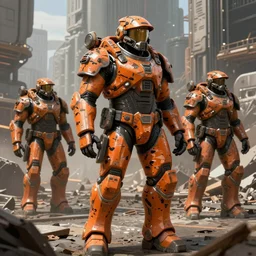 Detailed sci-fi art, soldiers wearing orange camouflage power armor advancing through a devastated futuristic city, highly detailed, digital painting, artstarion, concept art, smooth, sharp foccus ilustration, Artstation HQ.