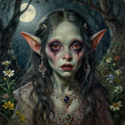 a beautiful but sinister and creepy goblin in layers of fear, with haunted eyes, violence in his eyes, 1 9 7 0 s, seventies, delicate embellishments, a little blood, woodland, moonlight shining on wildflowers, painterly, horrifying, offset printing technique, by alexandre cabanel