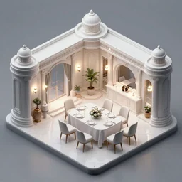 concept art for a video game, inside of a futuristic but classy mansion, style of Blade Runner and Mirror\'s Edge, dining table, isometric perspective