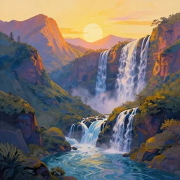 fantasy art, abstract, beautiful mountains at the golden hour with waterfalls, psychedelic art, colourful, relaxing.