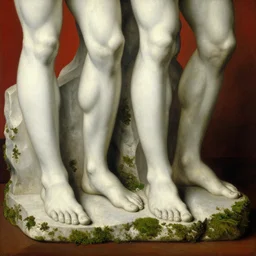 a beautiful painting of feet of detailed white stone male statures's back lined up, covered by moss, oil paint, classic art, 1 6 century style, volume light, in the style of beksinski, parts by edward hopper, parts by rodcenko, parts by yue minjun, diego velazquez, intricate and epic composition, red by caravaggio, insanely quality