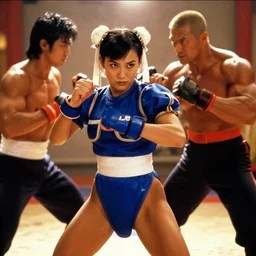 Chun-Li from the 1992 live action Street Fighter movie, fighting against m. Bison, center frame medium shot, shot on technicolor cinemascope 35mm anamorphic lense, flare, still from a movie