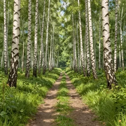 a hq beautiful digital matte painting detailed forest light grassy path with stunning birch trees in the summer sunshine, james gurney, constrast 8 k resolution trending on artstation