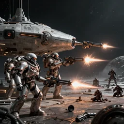 VFX movie of a futuristic inhuman alien spacemarines in future spaceship, firing gun at space pirates detailed surface cinematic lighting by Emmanuel Lubezki