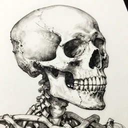 close up of a shattered skeleton, head and shoulders, ink on paper