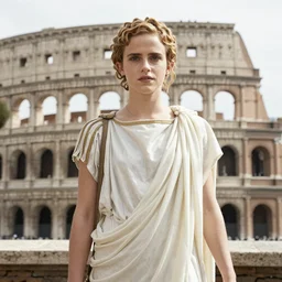 emma watson as a roman emperor wearing a toga, rome in the background