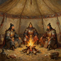 portrait of smart tai armored warlords sit in tai ancient war traditional tent, tribal ground, tribal tent, asian interior decoration, sitting by a campfire next to a tent, oil painting, fantasy, detailed and intricate environment,