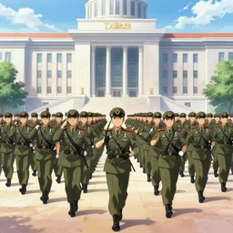 anime art, army march in infinitia square in front of infinian de gowyernmentıa in government center during mother's day
