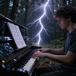 piano being struck by lightning in middle of forest HD award winning