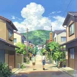 A colourful ultradetailed anime illustration of a residential street in rural Japan by beeple, makoto shinkai, thomas kinkade, anime art wallpaper 4k, trending on artstation, anime, sunlight through cumulus, 4K