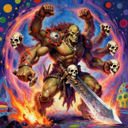 a ultradetailed painting of yidris maelstrom wielder 4 armed orc skulls on waist with large blade being blast by energy, by karl kosinski yayoi kusama mc escher gottfried helnwein magic the gathering art, sci fi, futurism, vibrant colors zbrush sharp focus