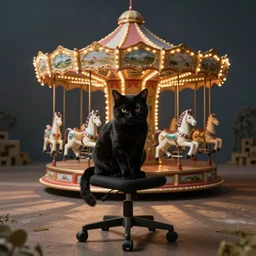 annoyed black cat sitting on a black rotating office chair dreaming it is a marry - go - round