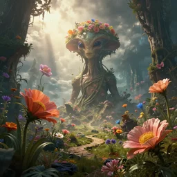 Amazing floral alien landscape, cinematic, dramatic volumetric lighting, epic composition, 8K Ultra HD, high detail, Octane render
