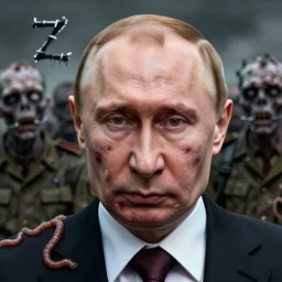vladimir putin's face is eaten by worms, in the background an army of zombies with their mouths sewn shut with wire in the shape of the letter z, drawn in the style of ralph mcquarrie, photorealistic, hyperdetailed