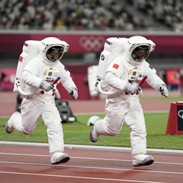 astronauts running in a race in a stadium. olympic relay race.