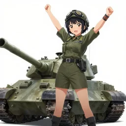 female tank crew posing triumphantly next to their tank, anime, trending on pixiv, 4 k