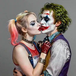 Margot Robbie as Harley Quinn kissing the joker, highly detailed, digital painting, artstation, concept art, smooth, sharp focus, illustration, art by yoji shinakawa, black and white
