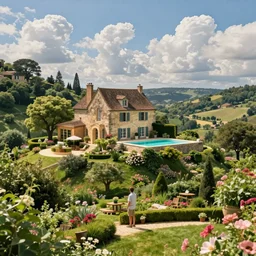 award winning photo of an ultra detailed high quality!! an old house with swimmingpool on the hills in the dordogne in france, fluffy clouds. summer. highly detailed, trees and flowers, depth of field, beautiful landscape, me standing there