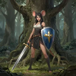 mouse girl with sword and shield, female, tall root tree background, concept art, by ilya kuvshinov, greg rutkovski