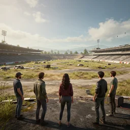 windswept vista overlooking an abandoned derelict nascar slum raceway. jasmin habezai - fekri, anton fadeev, tony zhou shuo, greg rutkowski, unreal engine 5
