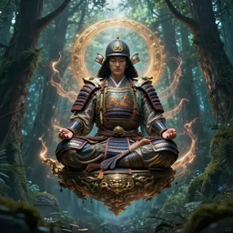 magical samurai floating meditating in enchanted forest, digital art, surreal, beautiful, detailed, highly detailed, intricate, powerful warrior