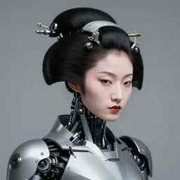 fine art portrait head shot minimal elite geisha cyborg mech by ilm and bill sienkiewicz and emmanuel shiu, zaha hadid, simplified neo - futuristic tactical, posed feminine, studio, mamiya 6 5 mm photograph, iso 4 0 0, f / 5. 6, hyperrealism, studio lighting, high detail, sharp focus, trending artstation, cgsociety