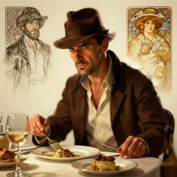 indiana jones eating dinner, character sheet, character design, contrast, deep focus, turnaround, highly detailed, dramatic lighting, digital painting, artstation, concept art, matte, sharp focus, illustration, elegant, art by artgerm and greg f and alphonse mucha.