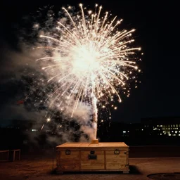 realistic photo of fireworks in a wooden box, front view, grain 1 9 9 0, life magazine reportage photo, metropolitan museum photo