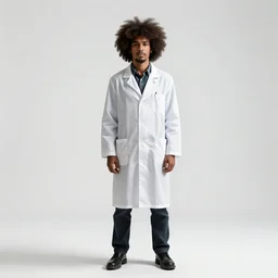 afro-haired mad scientist with wild hair, studio photography, full body, standing, isolated on a pure white background, centered, whole figure in frame, sharp focus, studio lighting