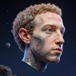 A 3D model of a giant floating head in space of a mark zuckerberg alien, fantasy art, in the style of artgerm, illustration, epic, fantasy, intricate, hyper detailed, artstation, concept art, smooth, sharp focus, ray tracing, vibrant, artgerm, award winning art, ray tracing