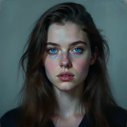 artwork, ultra realistic painting, cinematic film, portrait of a beautiful beautiful blue eyed woman by dan mumford, dreamcore, low contrast, complementary colors, low light, super detailed, 8 k hd, artstation trending