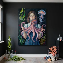a dark apartment with black walls, portrait of female art student holding an octopus, jellyfish, seaweed, berries, trash, starfish, coral, rocks, seaweed, empty pet bottles, scientific glassware, neo - expressionism, surrealism, acrylic and spray paint and oilstick on canvas