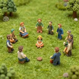 tilt-shift green pasture, clay creatures playing a game, Alena Aenami, Petros Afshar, Noah Bradley, Anton Fadeev, Anato Finnstark, Steve Henderson, Filip Hodas, Mark Keathley, Thomas Kinkade, Phil Koch, Gilbert Williams, Mike Winkelmann, Beeple