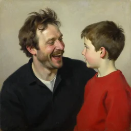 long shot of a man with brown hair and mustache laughing with a short brown hair boy with red shirt by pj crook, edward hopper, oil on canvas