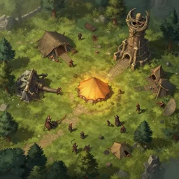 attack to the goblin encampment, aerial view, fantasy, concept art, ambient occlusion