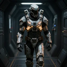 man wearing Dead Space armor, armor emanating a soft glow, walking through dark spaceship corridor, film still, 8k, alexa65