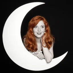 portrait! of a bubbly!! young woman, in her 20s! red hair!! on a paper moon! black and white!! by norman rockwell!!!
